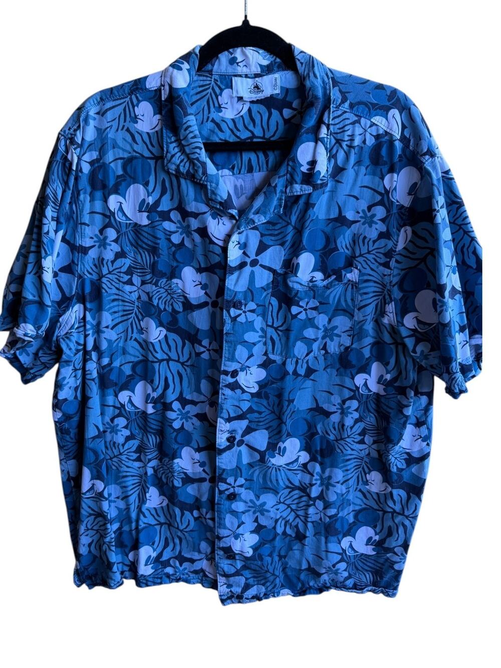 Vintage Disney Men's Hawaiian Shirt Blue Tropical Floral Mickey Mouse Size XL